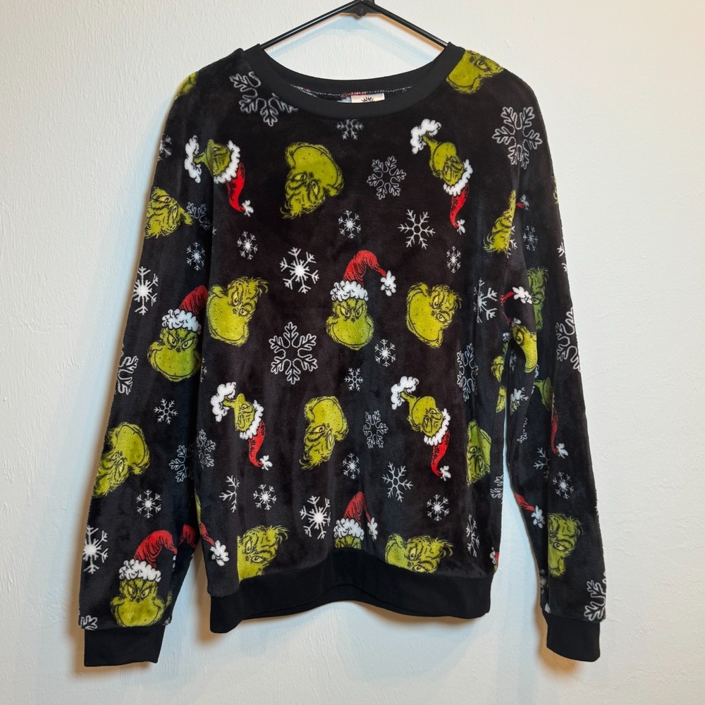 Grinch‎ Christmas Sweatshirt Kids L 11-13 Black Fleece Top Holiday Snowflake